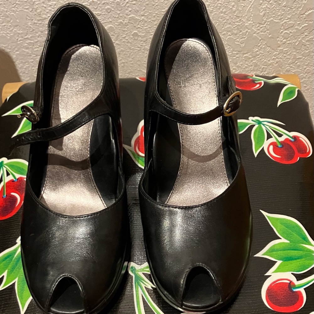 Dansko “Tillie” Black Heels with Strap and Peep-Toe